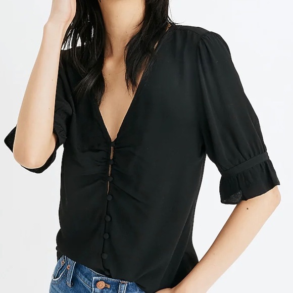 Madewell Tops - MADEWELL BLACK DAYLIGHT PUFF SLEEVE RUFFLE BUTTON FRONT V-NECK BLOUSE SZ 2 NEW